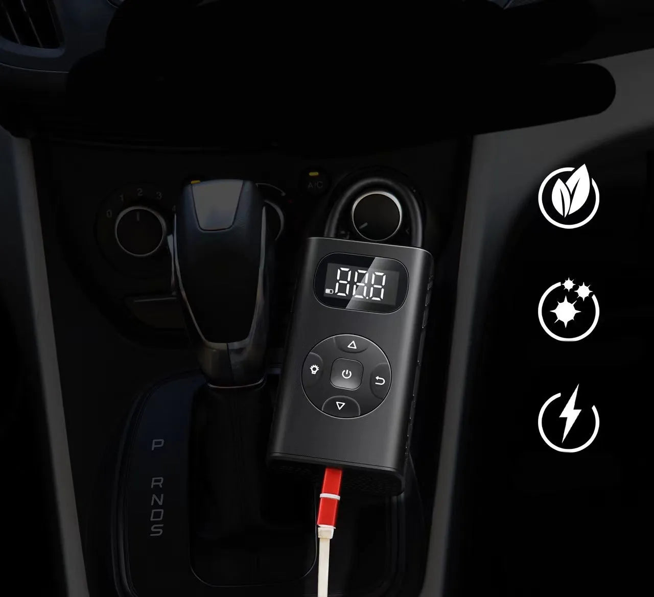 Black portable tyre inflator with digital display and 16cm inflatable tube for car motorcycle bicycle