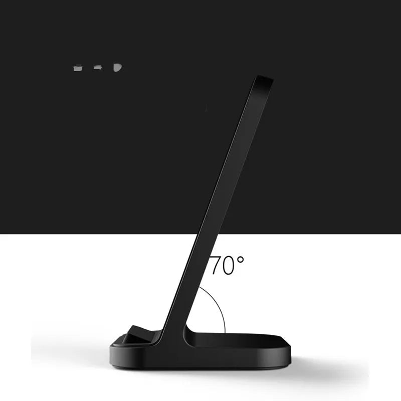 Dark grey vertical wireless charging stand for Apple iPhones on desk