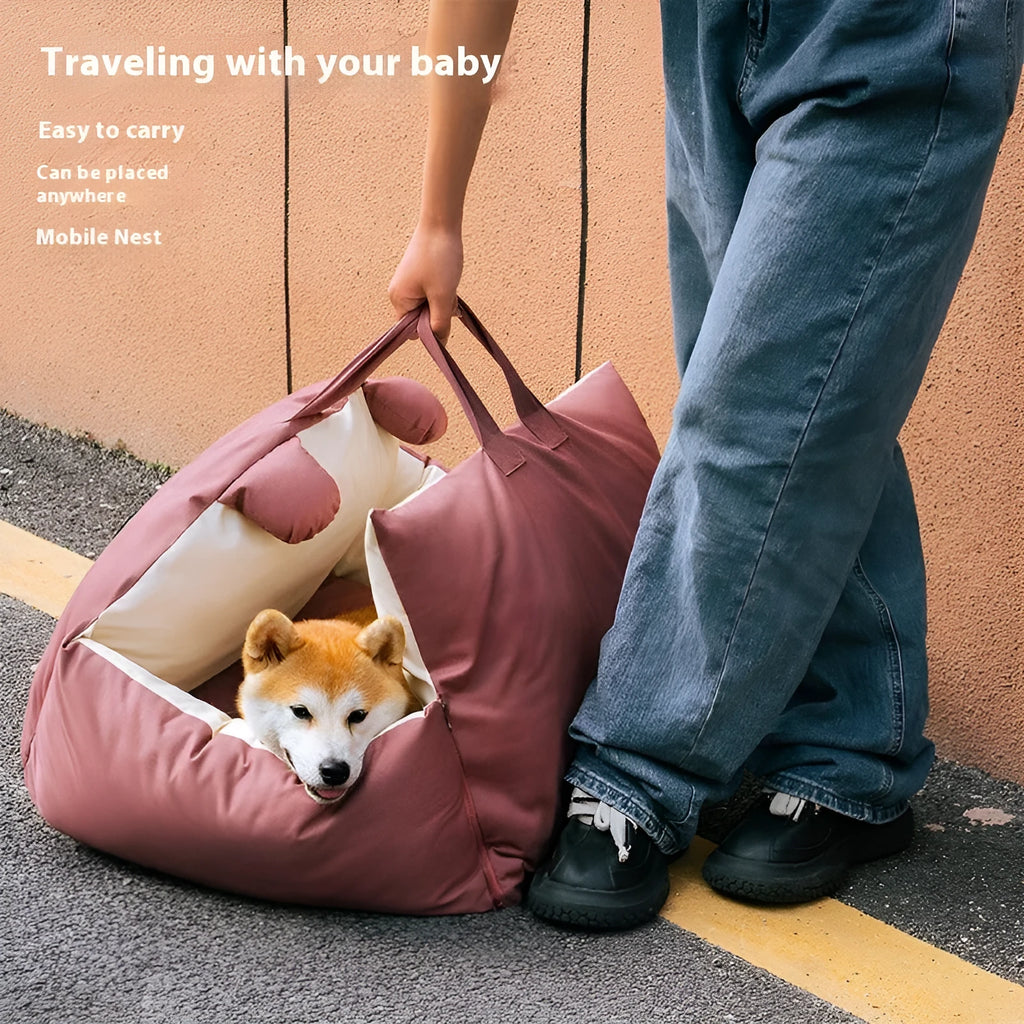 Removable washable car dog kennel in beige colour, shown in a vehicle boot.