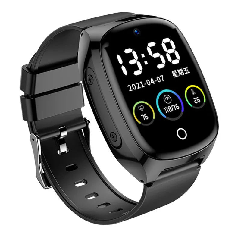 Black GPS tracker phone watch with 1.54-inch touch screen showing interface and SOS button