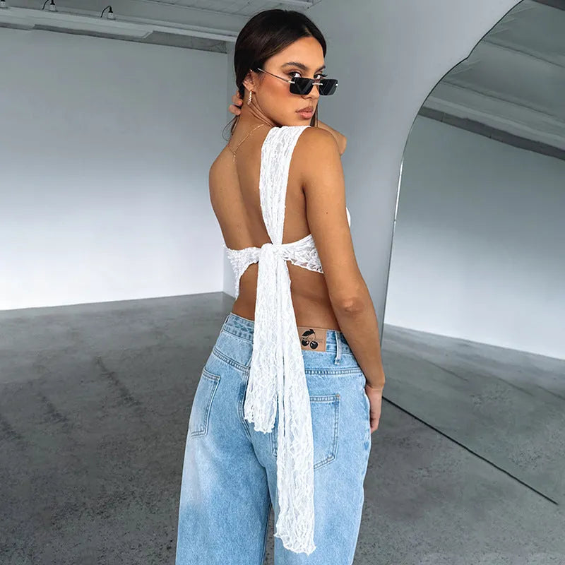 Backless lace sleeveless vest top with asymmetrical neckline in solid colour options