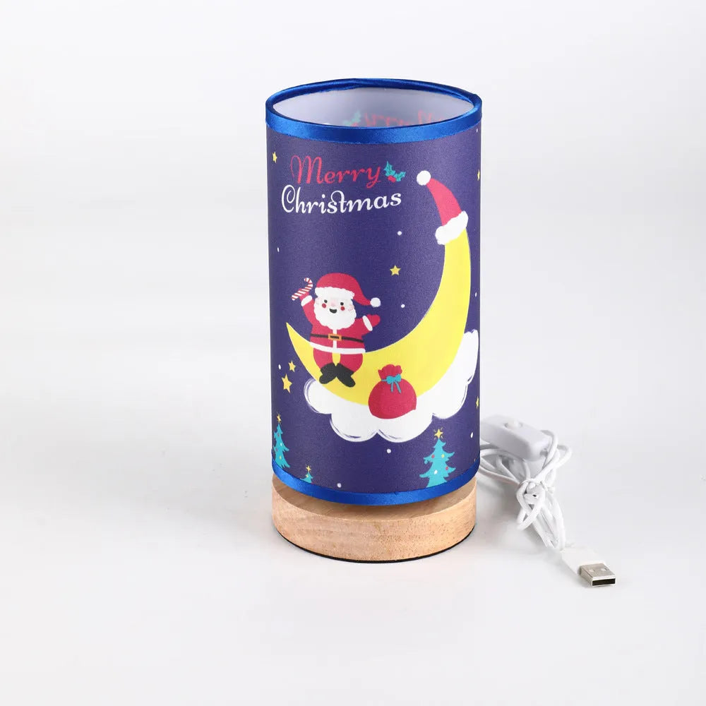 Moon Santa Claus figure LED night light with USB plug cable and bamboo lamp holder.