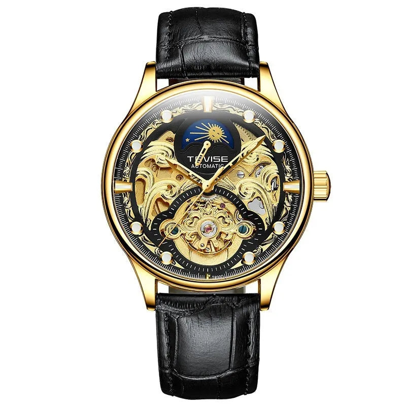 Men's gold and white leather strap automatic mechanical watch with 16mm thickness waterproof case