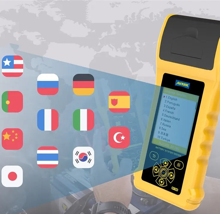 Autool BT760 digital vehicle battery tester with colour screen, thermal printer, and battery clip connectors