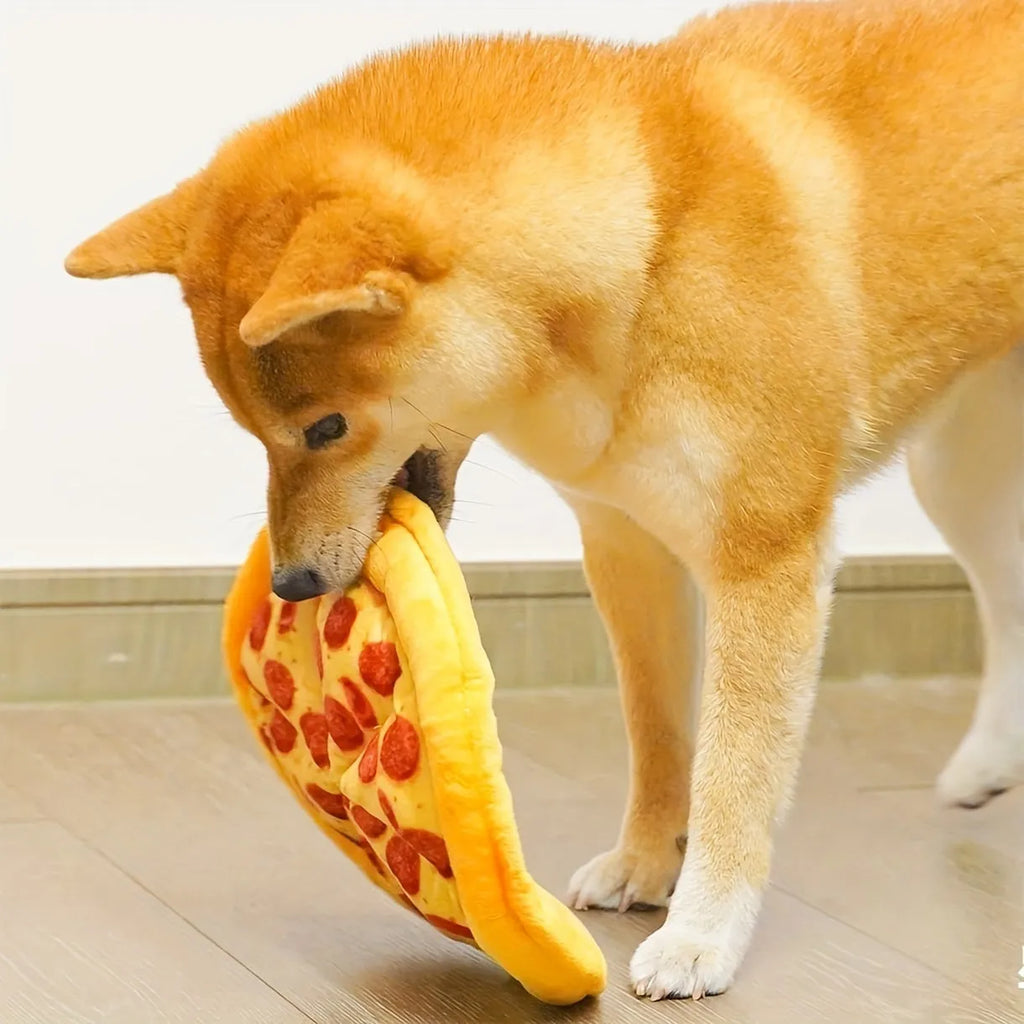 Yellow teddy toy pizza dog chewing toy with grinding teeth and squeaky features