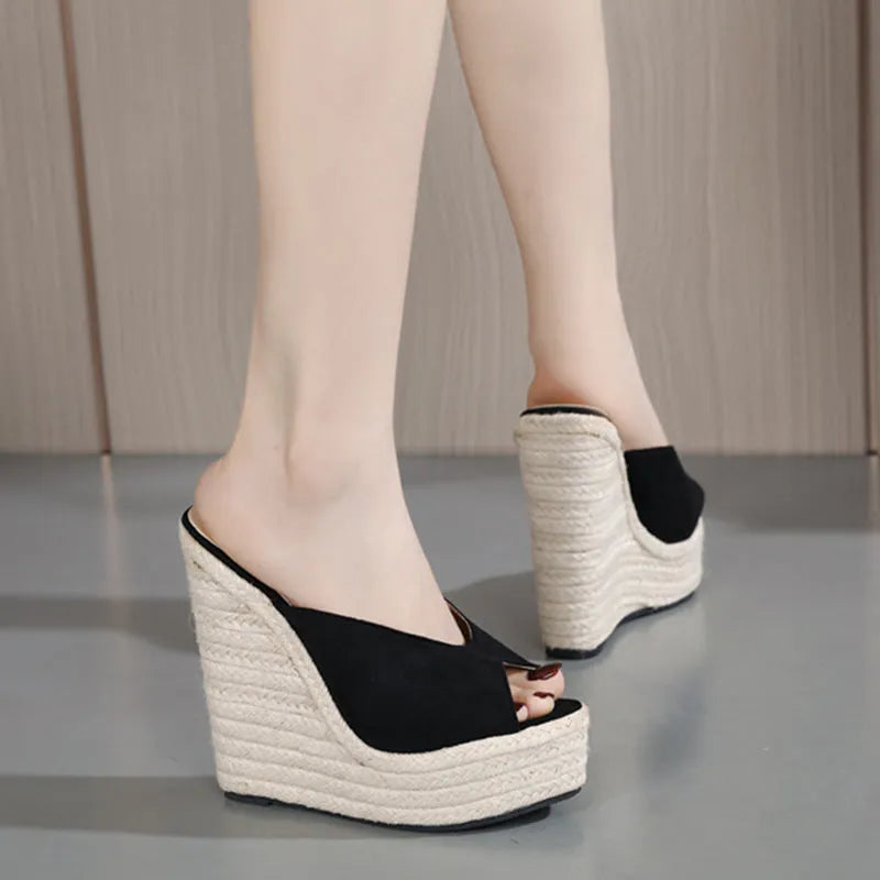 Women's black suede high-heel open-toe sandals with rubber sole, size 35-42
