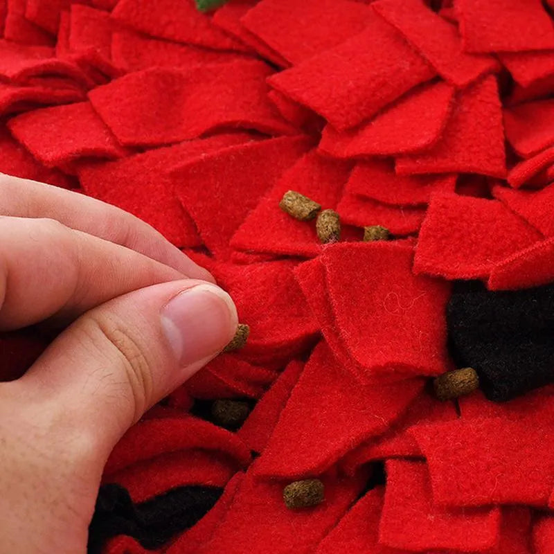 Red and green strawberry-shaped pet slow feeder snuffle mat on a floor