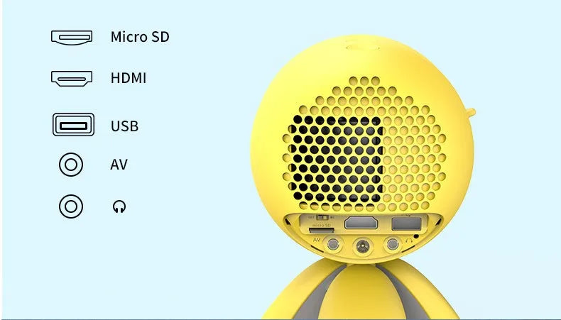 YG220 portable LED projector in white or yellow colour on a table projecting a movie scene.