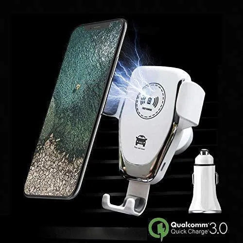 Black car wireless charger mount holding Apple iPhone with automatic clamping arms on car dashboard
