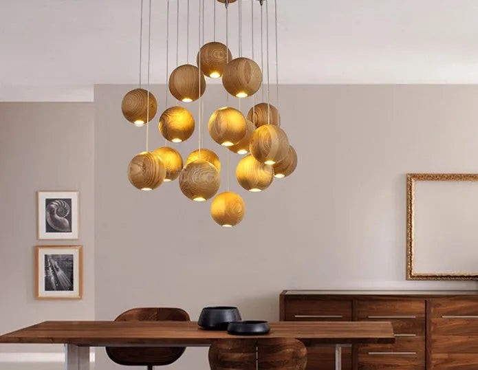 Nordic style wood ball chandelier with adjustable hanging height and solid wood construction