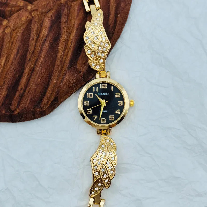 Women's stainless steel watch with round dial in gold, gold white, or black golden surface options