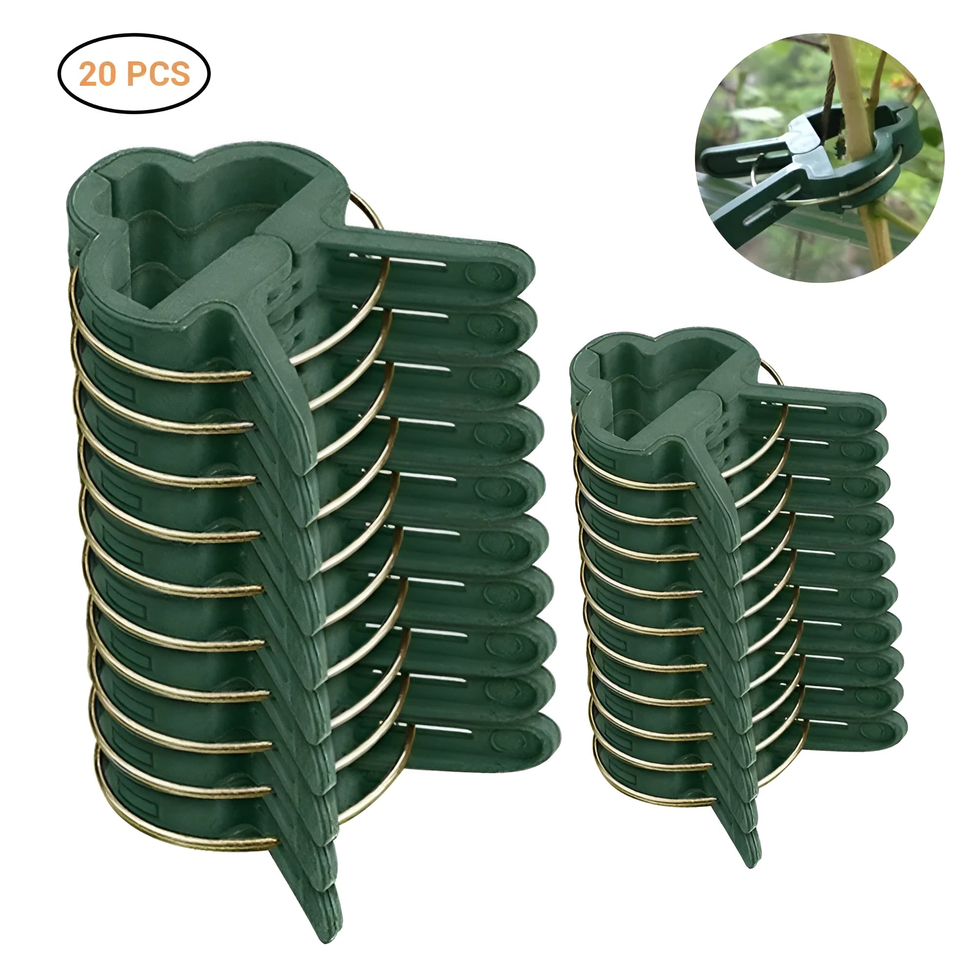 Green plastic and zinc plant fixing clips, showing large and small sizes for supporting climbing vegetables.