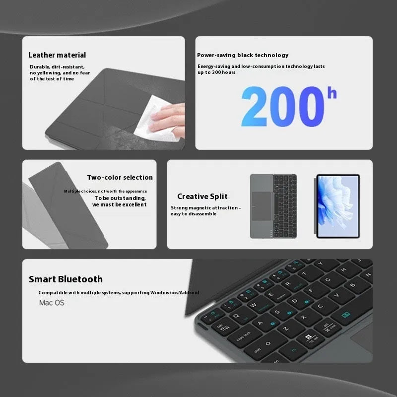 Grey folding Bluetooth keyboard shown both open and closed, next to mobile phone