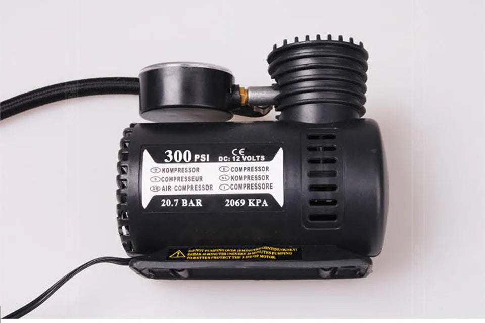 Black plastic 12V car air pump with nozzle and 275cm thread