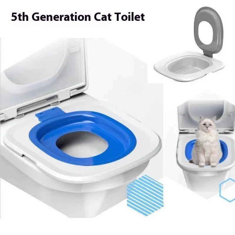 Fifth generation grey cat toilet trainer with matching litter mat on floor.