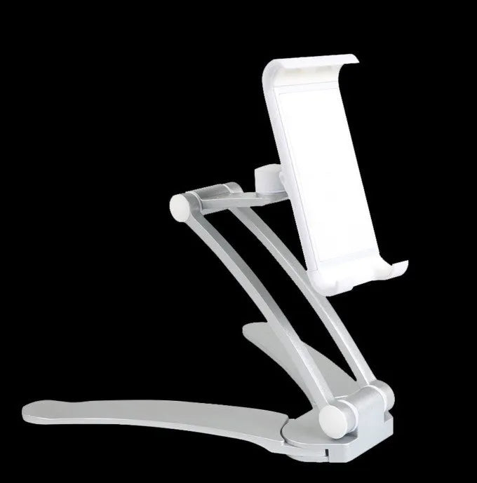 Silver aluminium alloy tablet stand holding a tablet, showing its 360-degree adjustable hinge and chuck system.