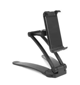 Silver aluminium alloy tablet stand holding a tablet, showing its 360-degree adjustable hinge and chuck system.