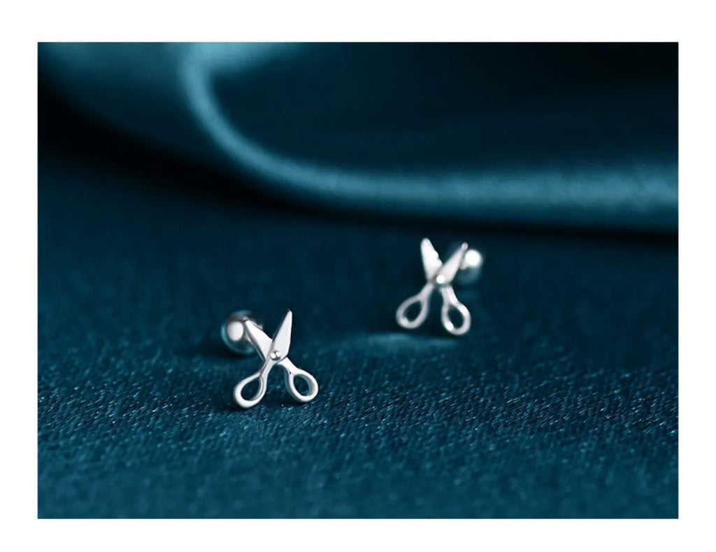 Pure silver ear nail screws with miniature scissor charm and screw-back fastening