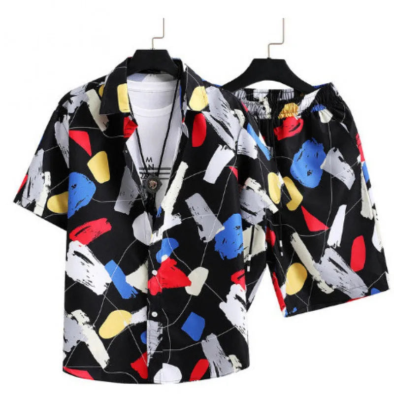 Men's short sleeve cardigan and matching shorts suit set with digital printed design.