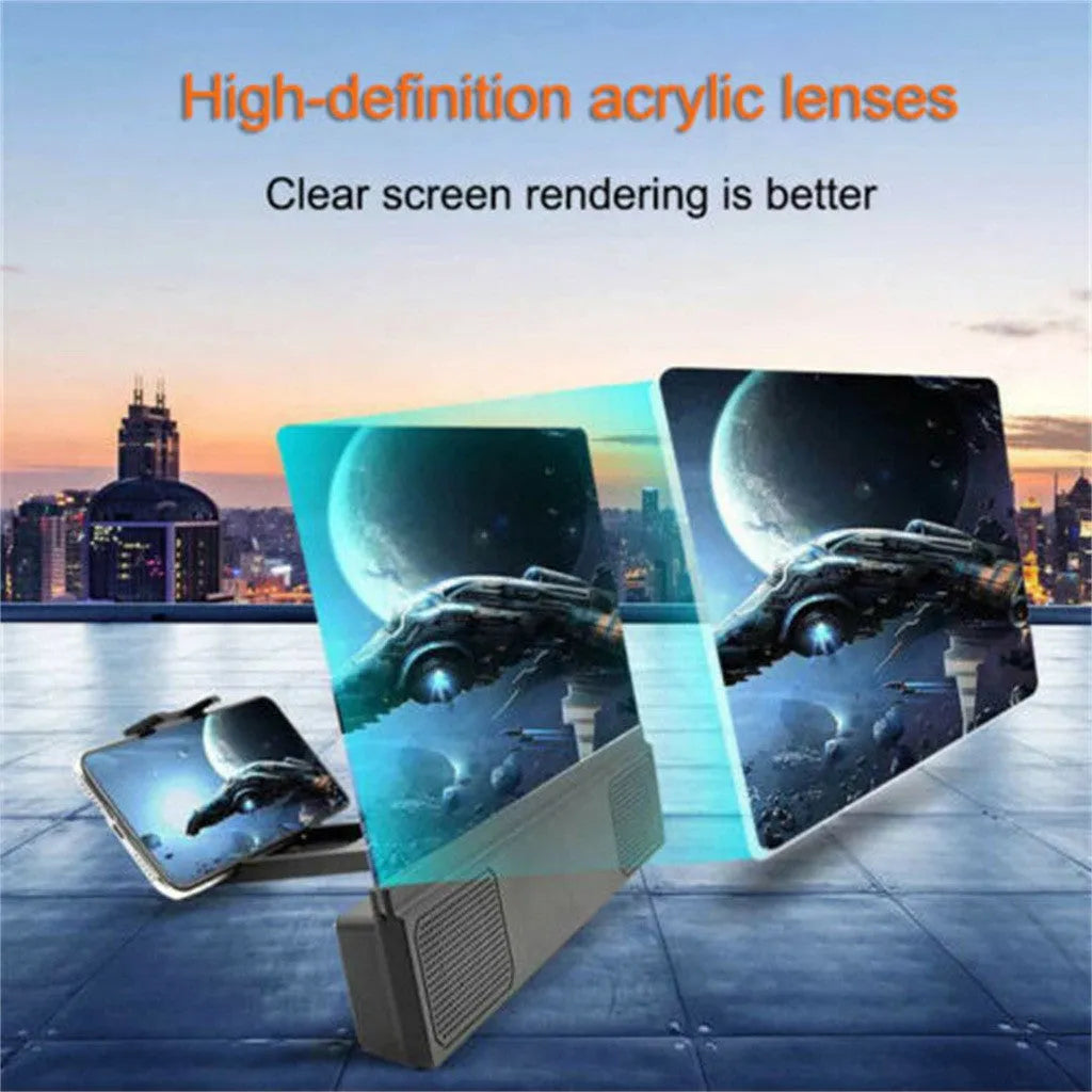 12-inch mobile phone screen amplifier with flexible gooseneck stand and speaker on a table
