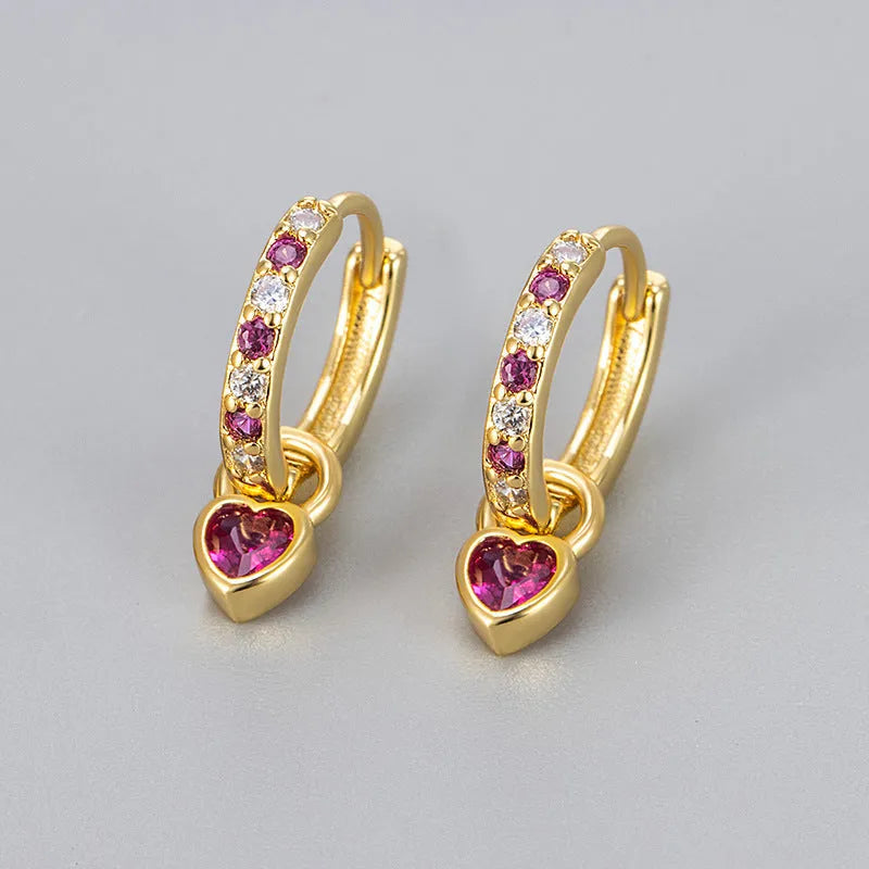 Women's heart-shaped drop earrings with colourful stones in gold or white gold coloured settings