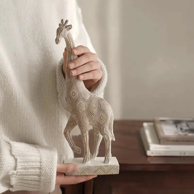 Wood colour European style giraffe resin ornament for home decor, 30.5cm tall.