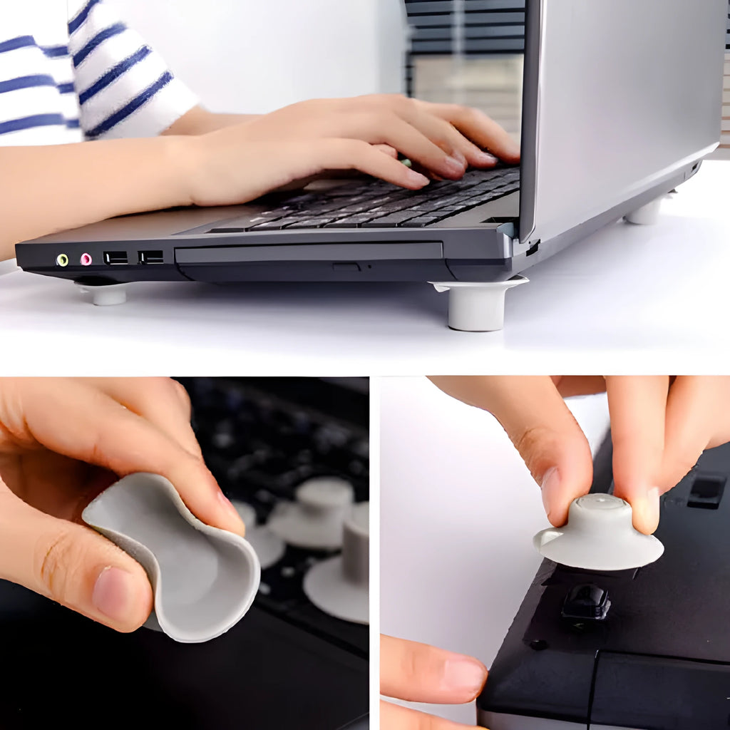 Grey plastic laptop cooling pads, two large and two small, placed under a mini notebook.