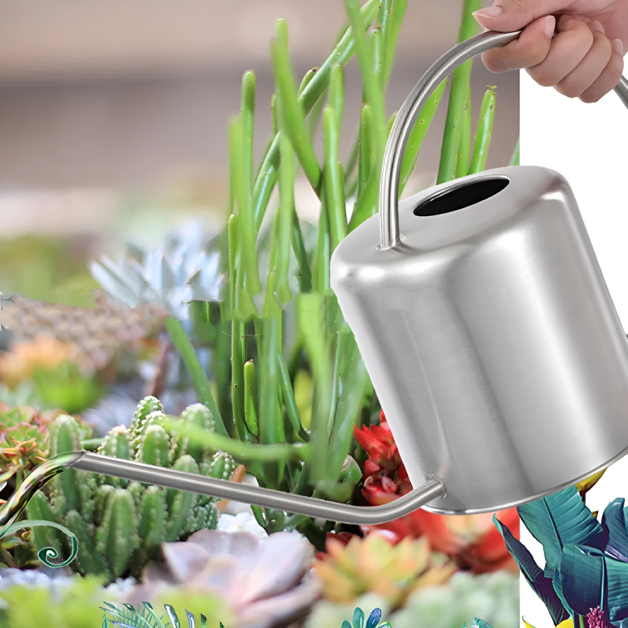 Stainless steel 2 litre watering can with long spout in choice of black, gold or natural finish