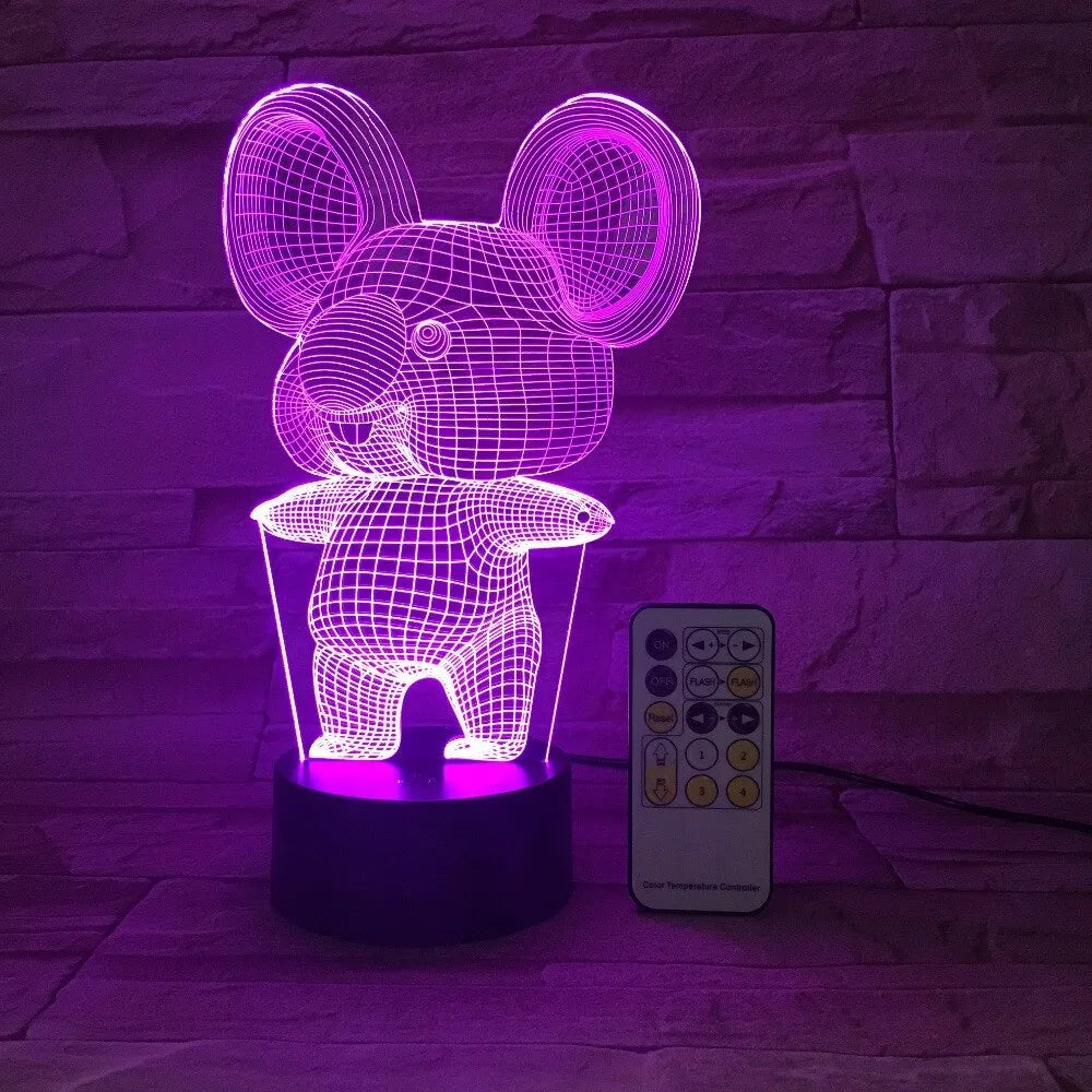 Koala-shaped LED night light showing seven colour options on black base with touch or remote control