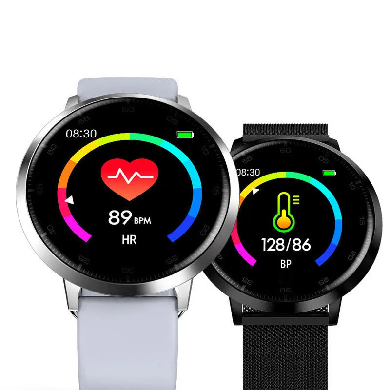 Black smart health bracelet with 1.3-inch screen on silicone wrist strap showing fitness metrics display