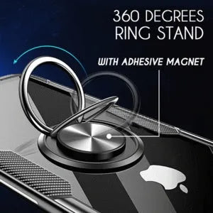 Black iPhone case with detachable car holder arm mounted on dashboard showing shockproof PC construction