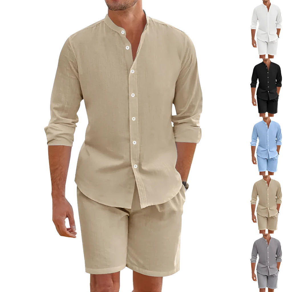 Man wearing a dark grey linen blend short sleeve shirt and matching drawstring shorts summer suit.