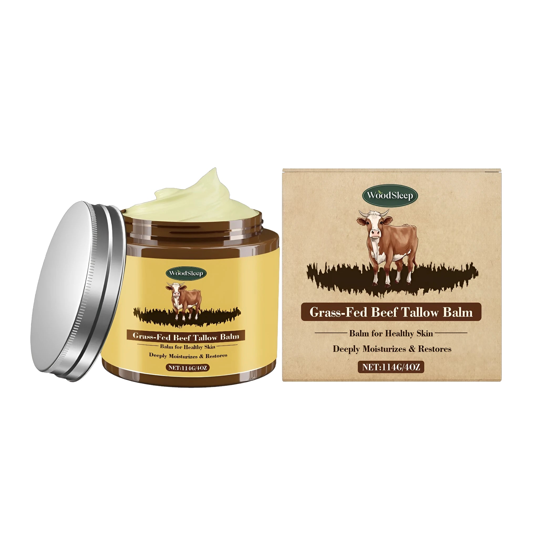 A 114g jar of Cow Fat Skin Care Cream, a moisturising face cream with tallow and honey.