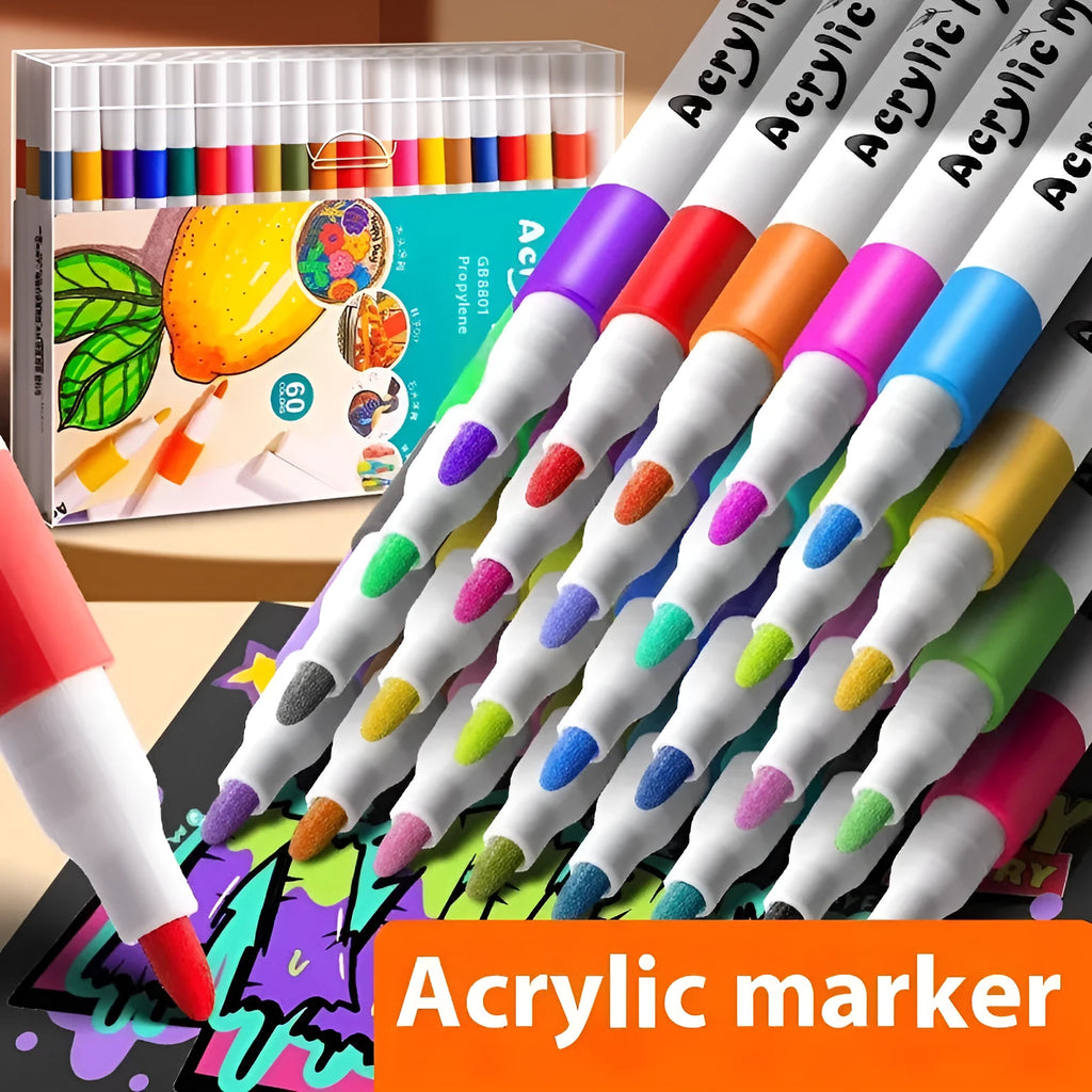 Box of acrylic marker pens for student colour painting showing multiple colour options