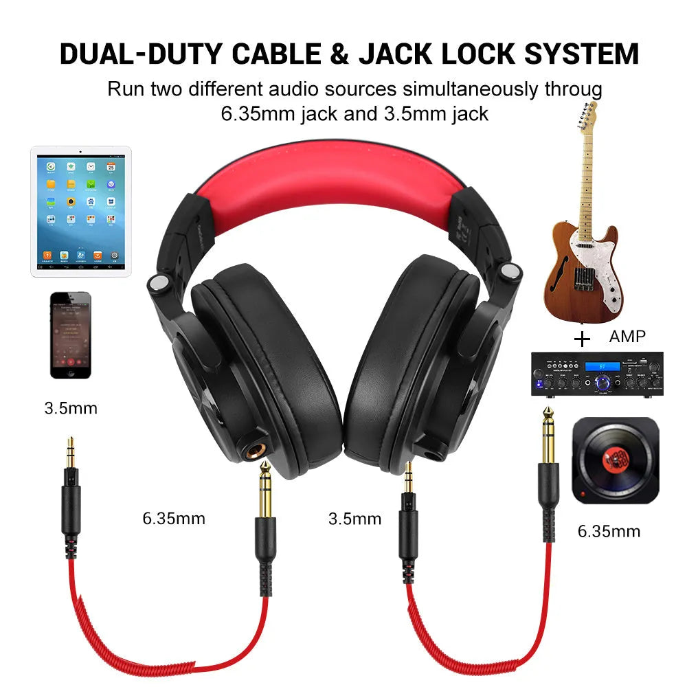 Black or red OneOdio closed-back over-ear wired headphones with 40mm speaker drivers.