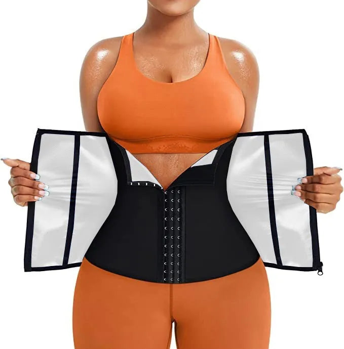Neoprene abdominal support girdle with adjustable fastening in blue colour, showing waist shaping design