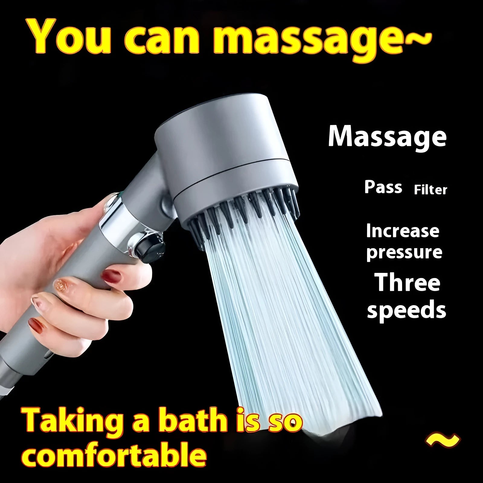Strong Boost portable ABS plastic shower head with dial for spray, massage, and rain modes.