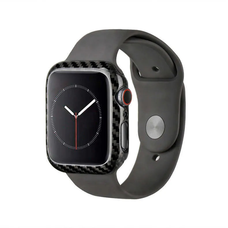 Bright black carbon fibre half wrap leather case on a 44mm Apple Watch 4