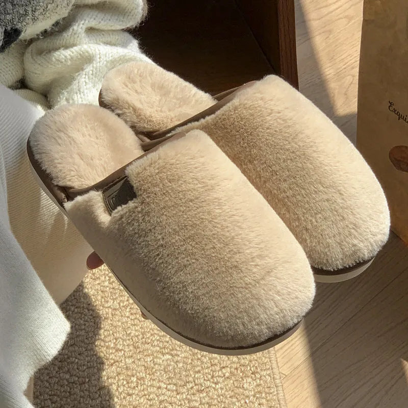 Solid colour winter plush slippers with decorative car stitching and non-slip PVC sole