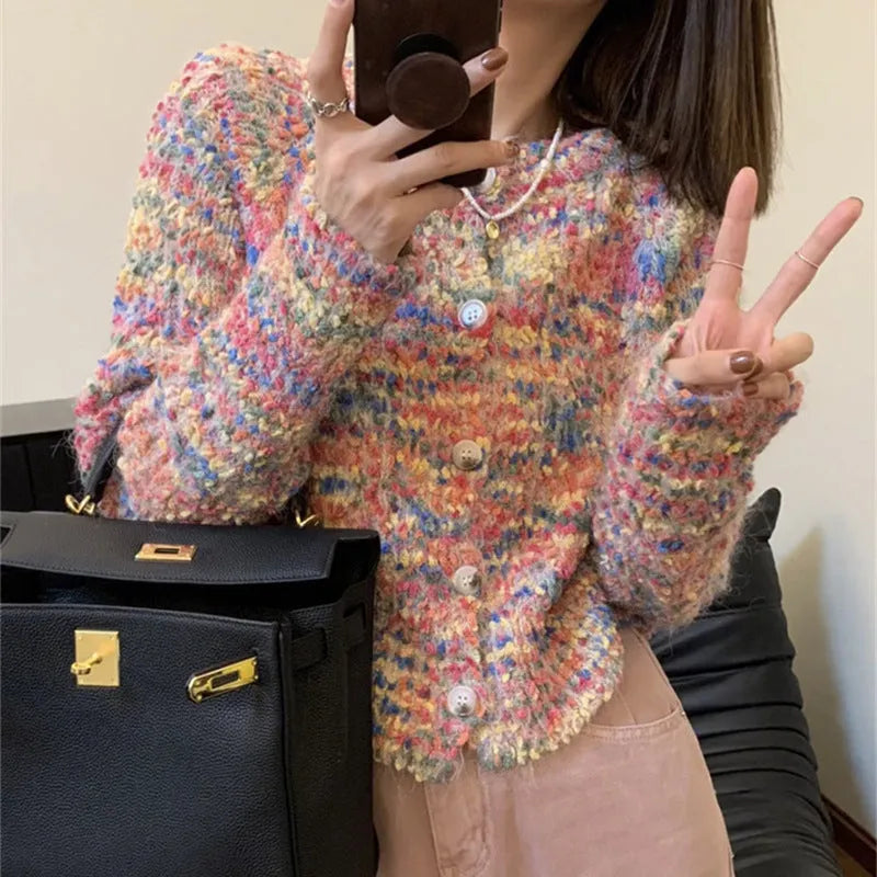 Rainbow knitted cardigan sweater in gentle idle style with slim fit and free size