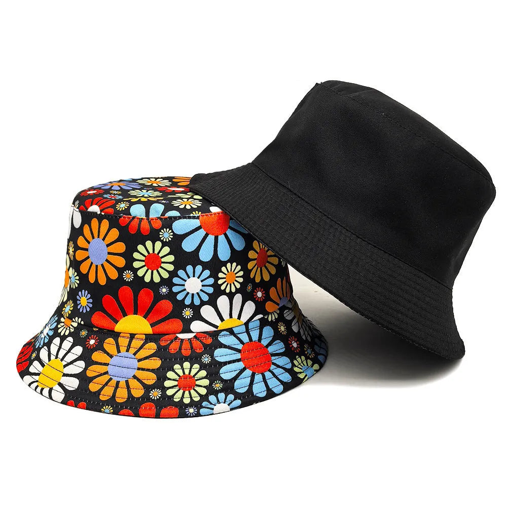 Colourful floral print polyester bucket hat with dome crown in medium size 56-58cm