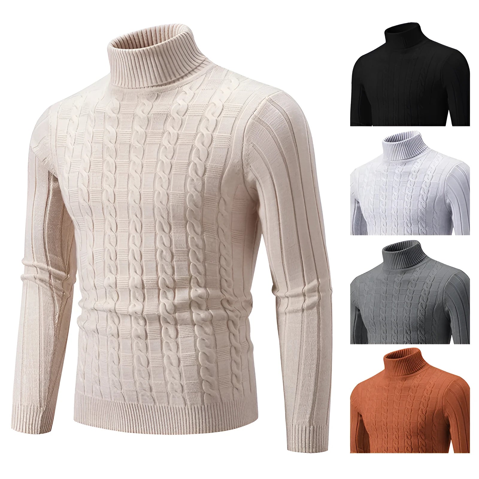 Men's slim fit chenille turtleneck pullover sweater in beige colour