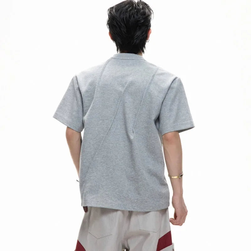 Men's black cotton T-shirt with three-dimensional pleated stitching and asymmetrical design details on round neck