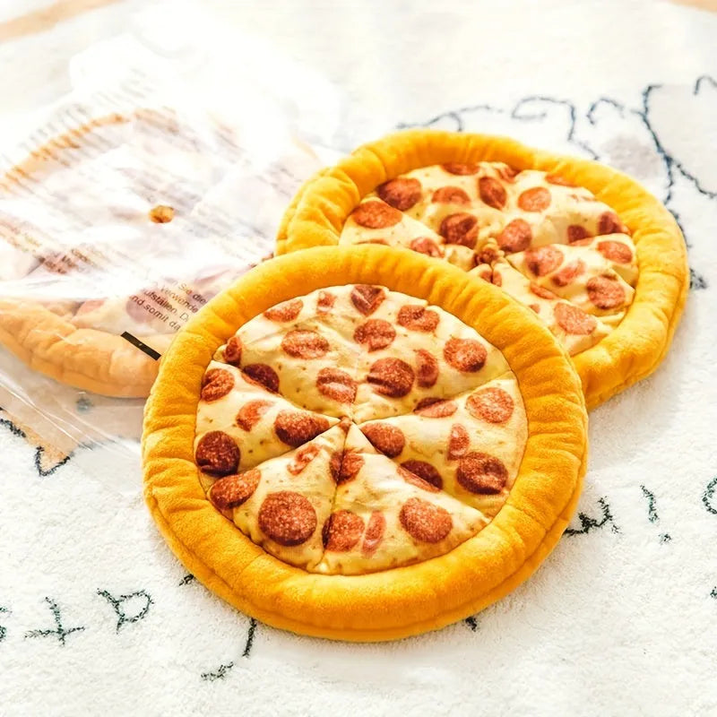 Yellow teddy toy pizza dog chewing toy with grinding teeth and squeaky features