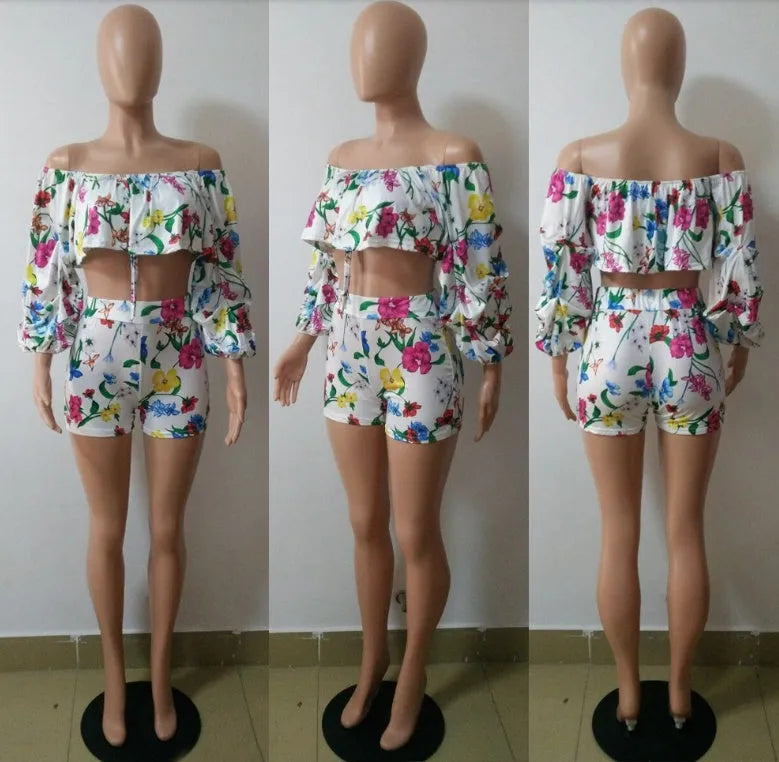 Women's multicolour digital print two-piece suit with pile sleeves on short top and coordinating shorts