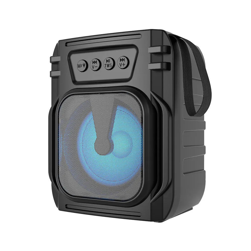 Portable Bluetooth speaker with mini card design showing compact dimensions and USB charging port