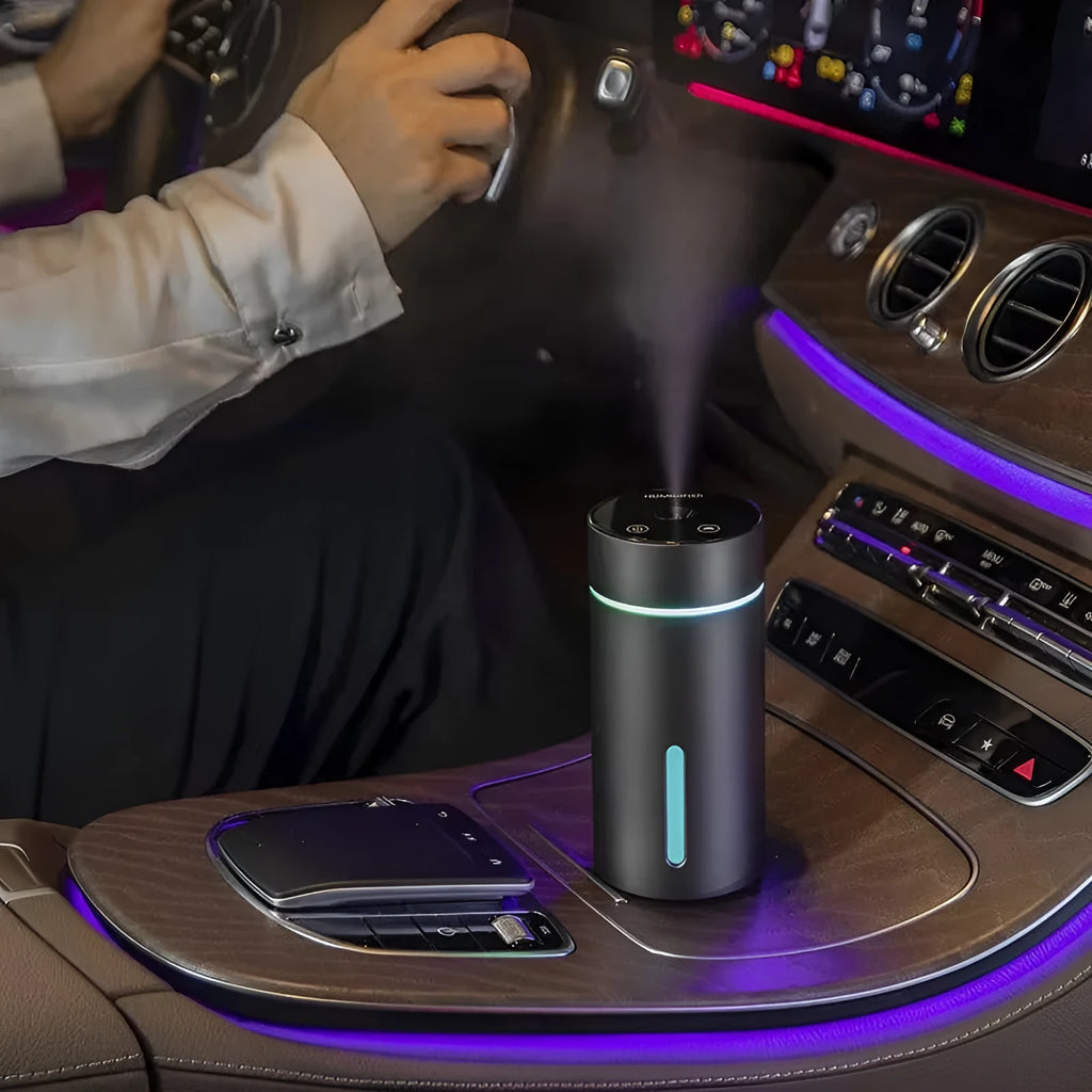 Black aluminium car air humidifier and essential oil diffuser with USB cable