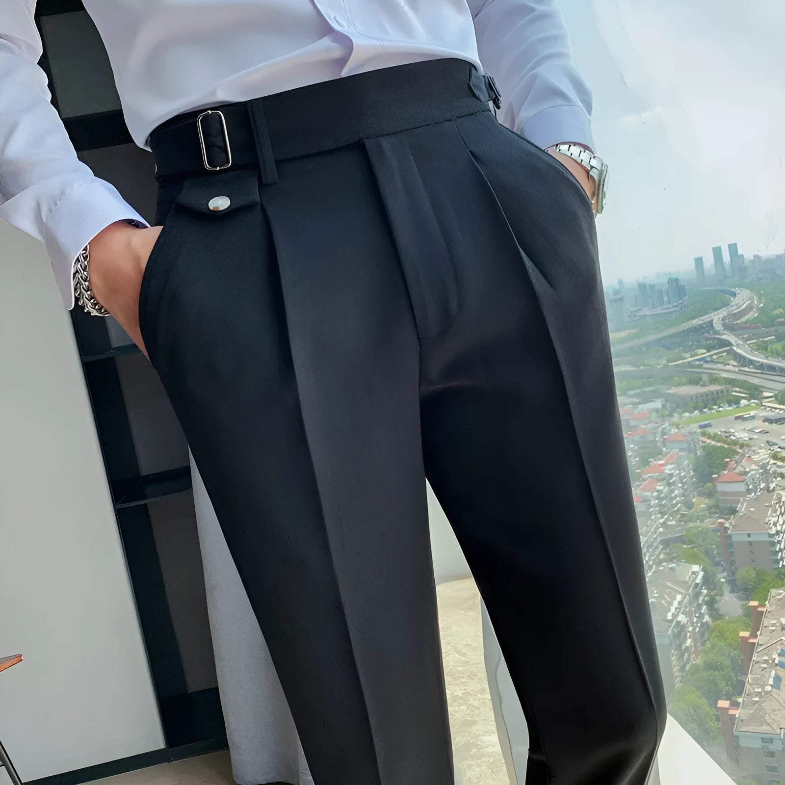 Men's straight-leg polyester casual trousers in solid khaki colour on a hanger.