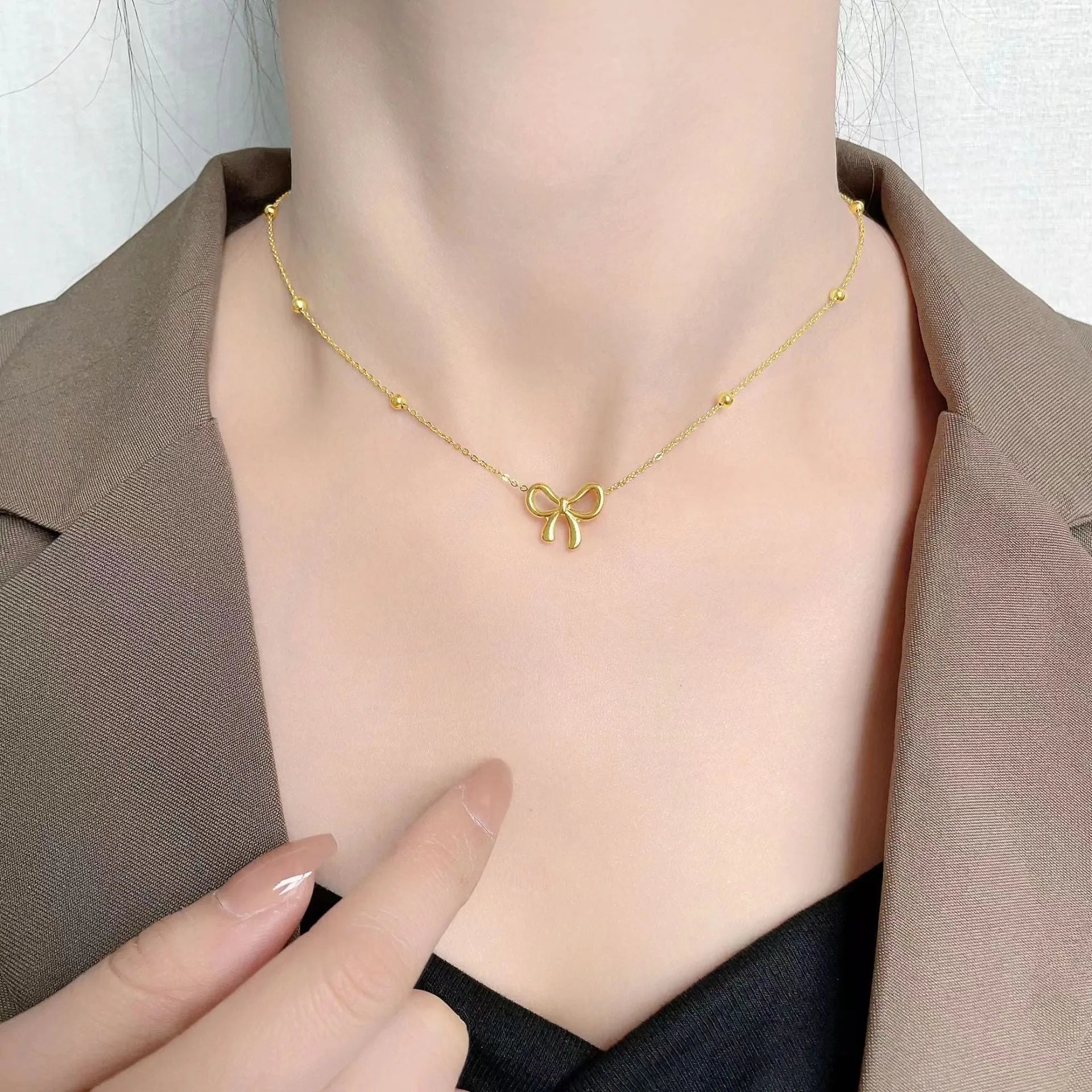 Gold bow necklace with cross chain design adjustable 41-50cm length titanium steel women's fashion jewellery