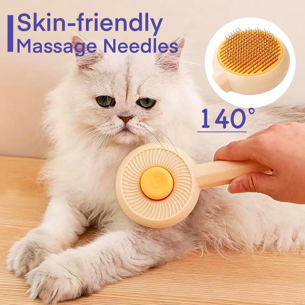 Blue pet grooming brush with angled metal pins and self-cleaning button for dogs and cats